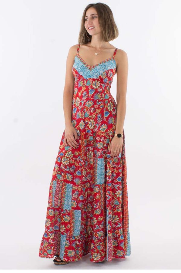Lange gipsy jurk spaghetti bandjes rood lichtblauw bloemetjes