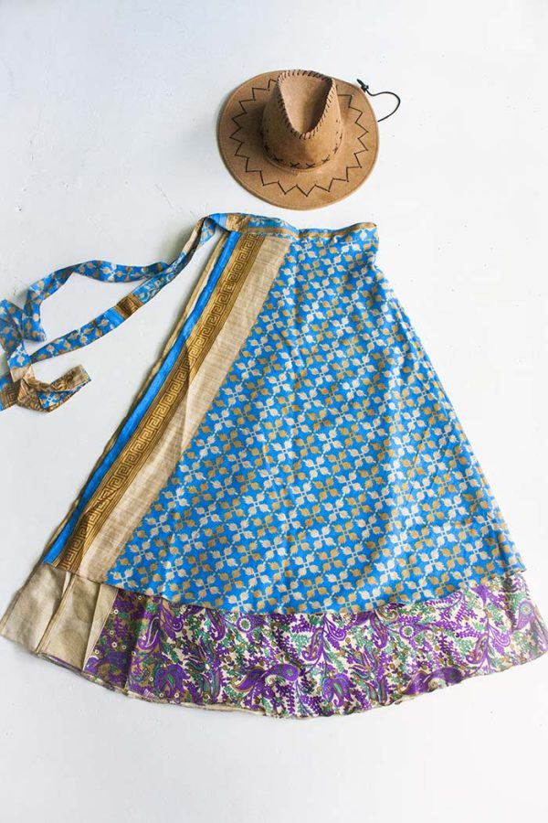 Wikkelrok magisch sari India helderblauw paars beige