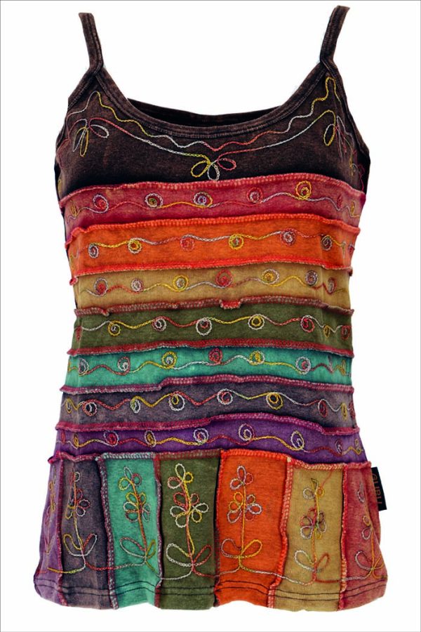 Top stonewash rainbow embroidered curls vert